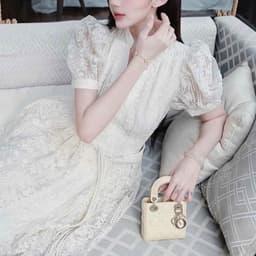 Đầm maxi nữ ren màu kem tay phồng cổ v dáng xòe thanh lịch 7