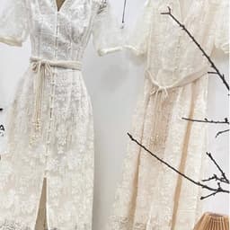 Đầm maxi nữ ren màu kem tay phồng cổ v dáng xòe thanh lịch 8