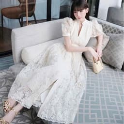 Đầm maxi nữ ren màu kem tay phồng cổ v dáng xòe thanh lịch 6