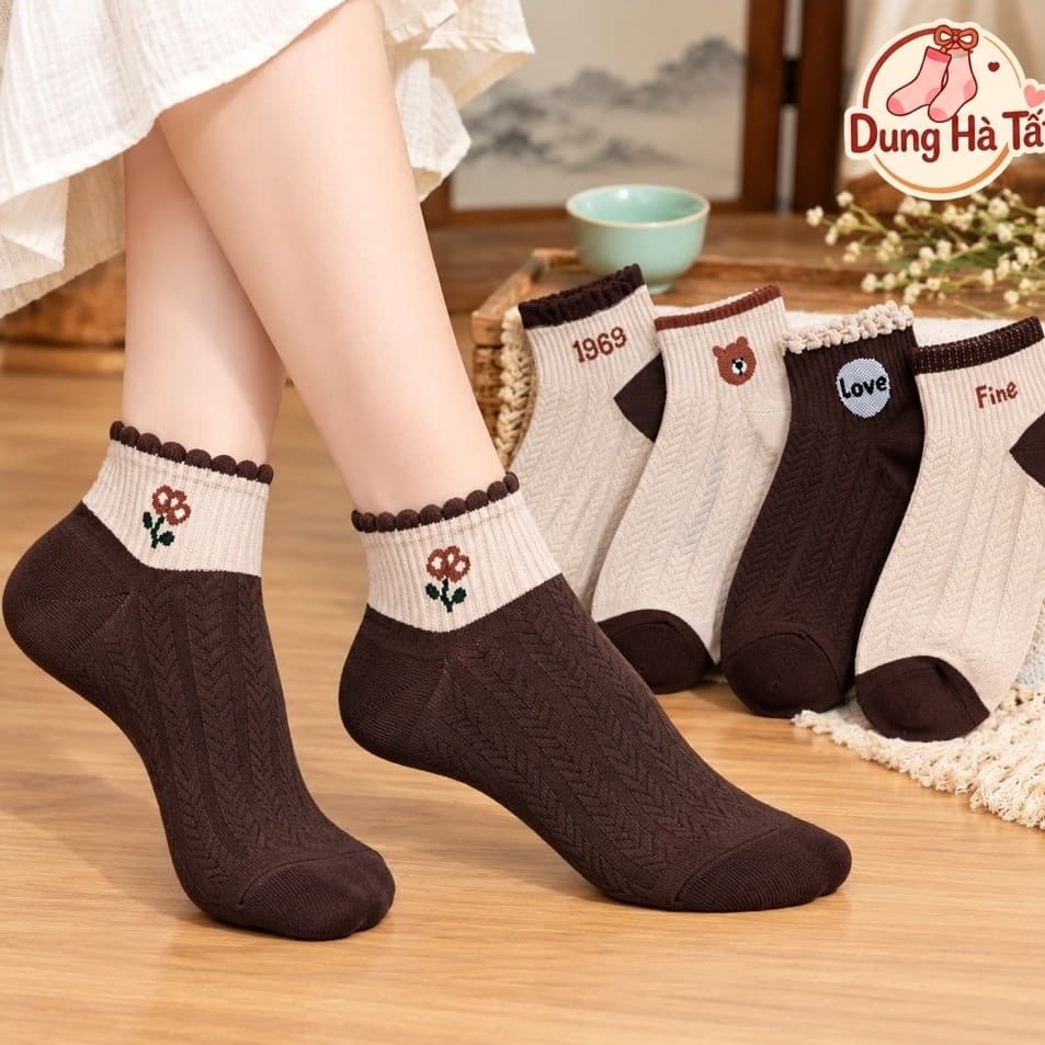 Tất Nữ Cổ Ngắn Chất Cotton Siêu Mềm Mại Co Giãn Tông Màu Tối Sang Chảnh Hoạ Tiết Hoa 1969