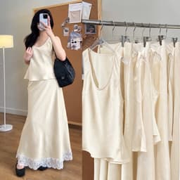 Bộ áo sát nách phối chân váy dài nữ màu kem phong cách thanh lịch 2