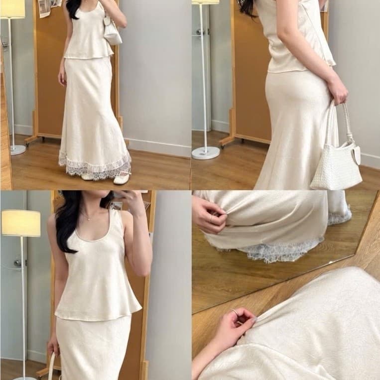 Bộ áo sát nách phối chân váy dài nữ màu kem phong cách thanh lịch
