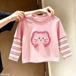 Áo thu đông bé gái, áo cotton dài tay phối kẻ hoạ tiết thú bông đáng yêu cho bé size 9-26kg 2