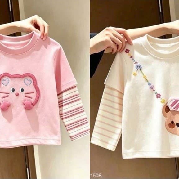 Áo thu đông bé gái, áo cotton dài tay phối kẻ hoạ tiết thú bông đáng yêu cho bé size 9-26kg