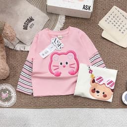 Áo thu đông bé gái, áo cotton dài tay phối kẻ hoạ tiết thú bông đáng yêu cho bé size 9-26kg 7