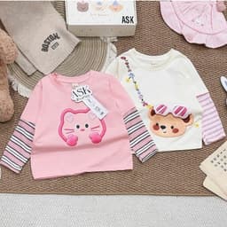 Áo thu đông bé gái, áo cotton dài tay phối kẻ hoạ tiết thú bông đáng yêu cho bé size 9-26kg 6