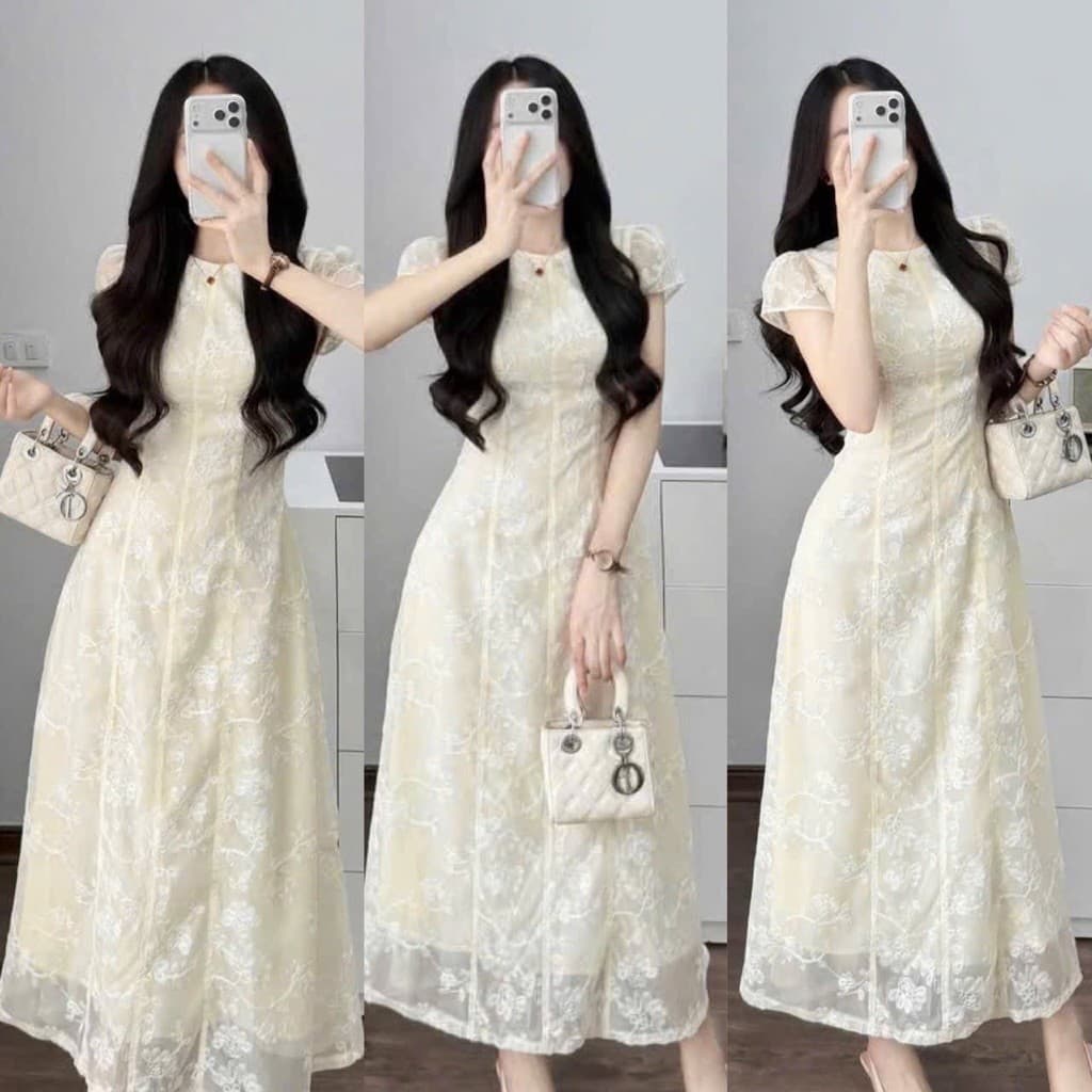 Đầm maxi nữ thêu màu kem tay phồng dáng xòe cổ tròn phong cách thanh lịch