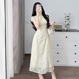 Đầm maxi nữ thêu màu kem tay phồng dáng xòe cổ tròn phong cách thanh lịch 4