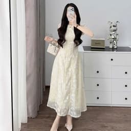Đầm maxi nữ thêu màu kem tay phồng dáng xòe cổ tròn phong cách thanh lịch 2