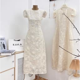 Đầm maxi nữ thêu màu kem tay phồng dáng xòe cổ tròn phong cách thanh lịch 5