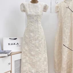 Đầm maxi nữ thêu màu kem tay phồng dáng xòe cổ tròn phong cách thanh lịch 6