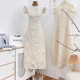 Đầm maxi nữ thêu màu kem tay phồng dáng xòe cổ tròn phong cách thanh lịch 7