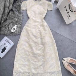 Đầm maxi nữ thêu màu kem tay phồng dáng xòe cổ tròn phong cách thanh lịch 8