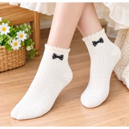 Tất Nữ Cổ Ngắn Cotton Kẻ Tăm Họa Tiết Nơ Tiểu Thư alyMềm Mại Co Giãn Thoáng Khí Phong Cách Hàn Quốc Freesize 35-40 4