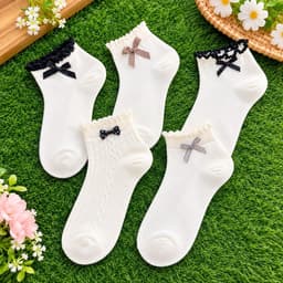 Tất Nữ Cổ Ngắn Cotton Kẻ Tăm Họa Tiết Nơ Tiểu Thư alyMềm Mại Co Giãn Thoáng Khí Phong Cách Hàn Quốc Freesize 35-40 1