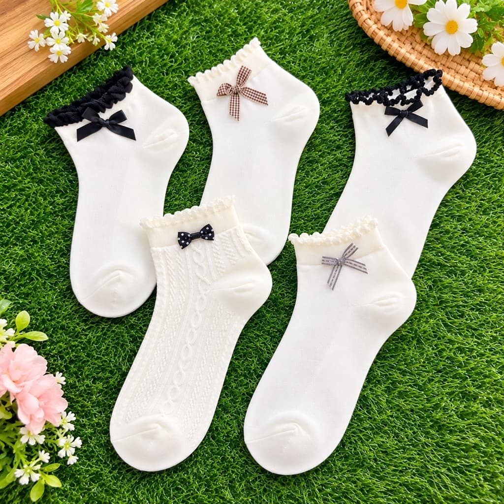 Tất Nữ Cổ Ngắn Cotton Kẻ Tăm Họa Tiết Nơ Tiểu Thư alyMềm Mại Co Giãn Thoáng Khí Phong Cách Hàn Quốc Freesize 35-40