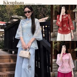 Set Pháp Phục Lụa Nữ “Thêu Hoa” Áo Tay Lỡ Dáng Xòe Phối Quần Ống Rộng Thanh Lịch Đi Chùa Lễ Tết 2027 Kieupham.shop 1