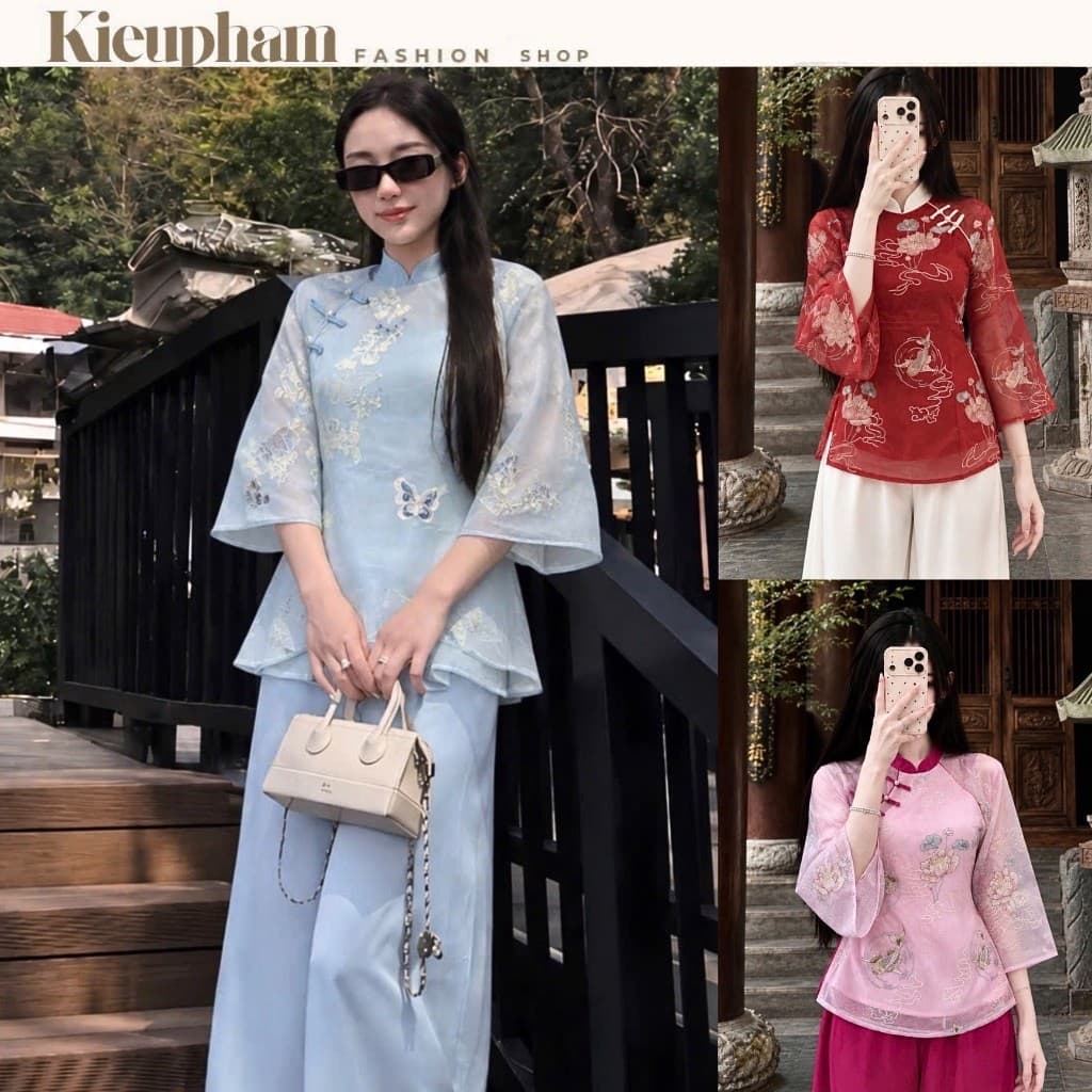 Set Pháp Phục Lụa Nữ “Thêu Hoa” Áo Tay Lỡ Dáng Xòe Phối Quần Ống Rộng Thanh Lịch Đi Chùa Lễ Tết 2027 Kieupham.shop