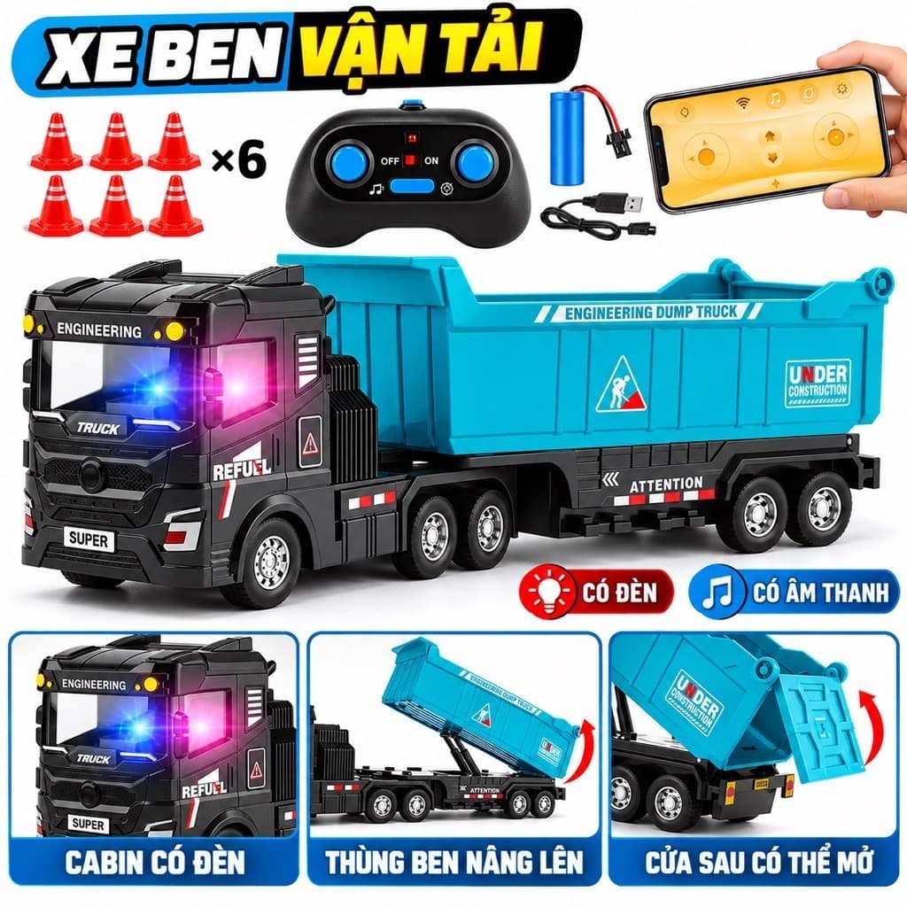 Xe ben hợp kim điều khiển từ xa , điều khiển được qua app , thùng tháo rời , pin sạc