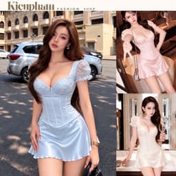 Set Váy Lụa Queen Phối Ren Hoa Tay Phồng Cúp Dáng Corset Tôn Eo Chân Váy A Tiểu Thư Quyến Rũ Kieupham.shop 1