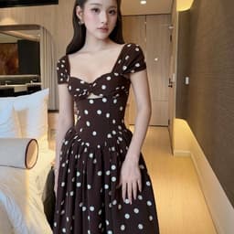 Đầm chấm bi cut xoắn nơ ngực dáng dài thanh lịch nhẹ nhàng 1