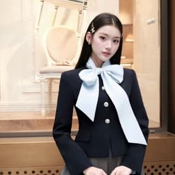 Set áo vest nơ cổ phối màu chân váy xếp li tiểu thư sang trọng nổi bật 3