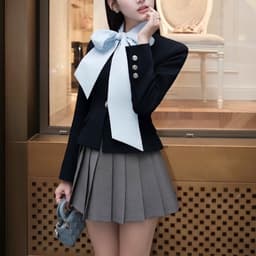 Set áo vest nơ cổ phối màu chân váy xếp li tiểu thư sang trọng nổi bật 2