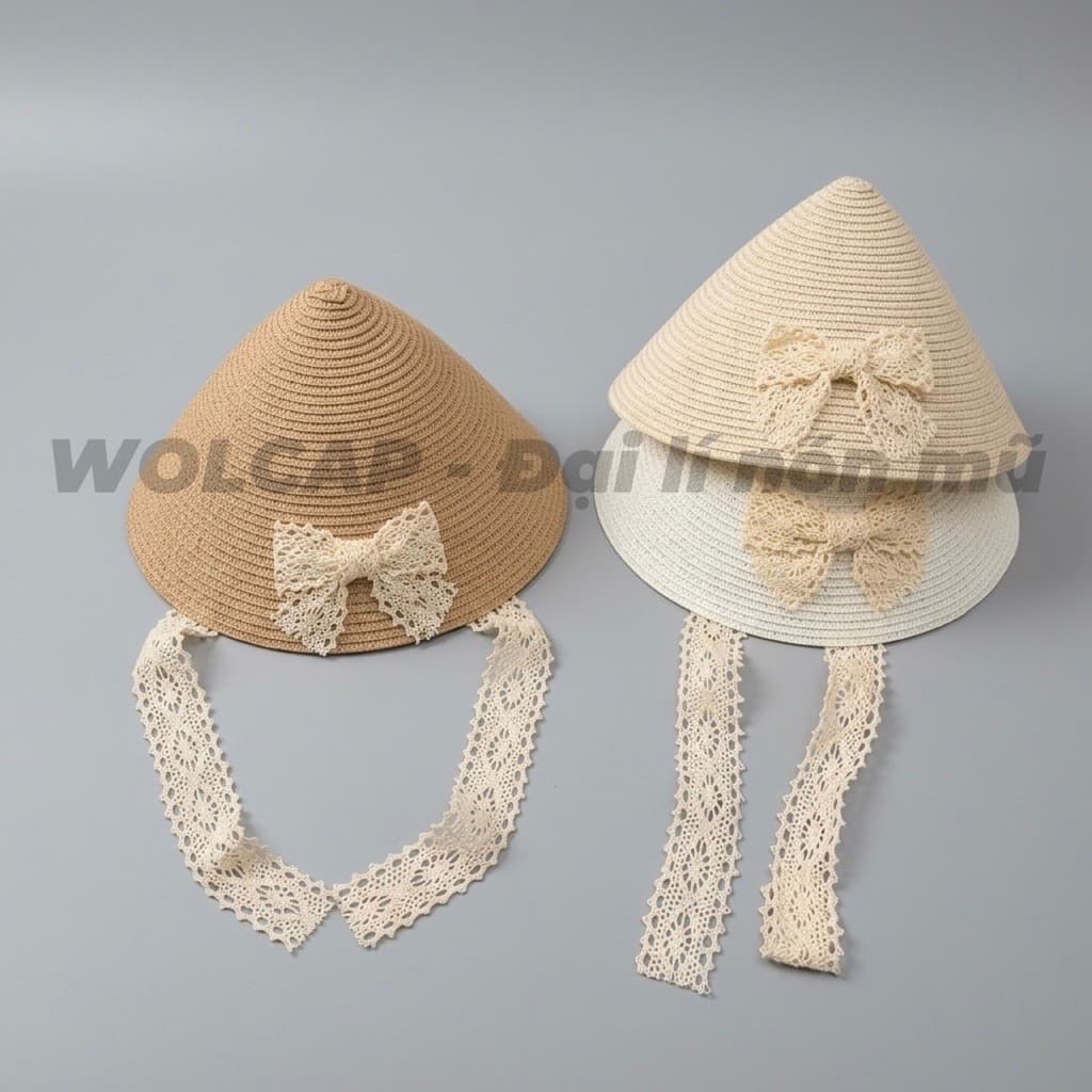 Nón tròn bo cói hình nón lá gắn nơ siêu xinh cho bé từ 3 - 7 tuổi (2 dây có thể cột)