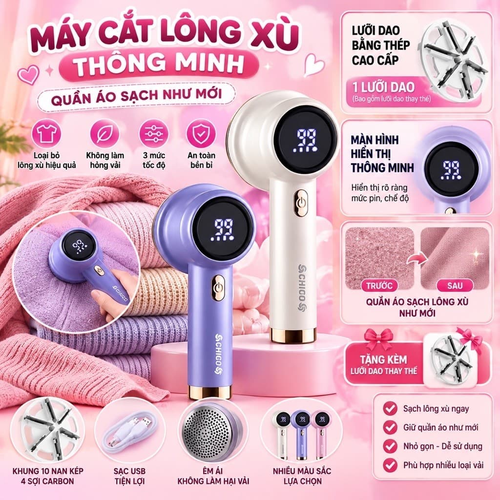 Máy cắt lông xù chính hãng ChiGo -màn hình led thông minh 3 cấp độ sạc,sạc tepy-c lưỡi dao 6 cánh