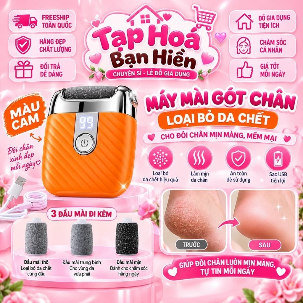 Máy chà gót chân mini,tẩy da chết chà gót chân chai sần,sạc usb ,2 tốc độ,3 đầu mài thay thế