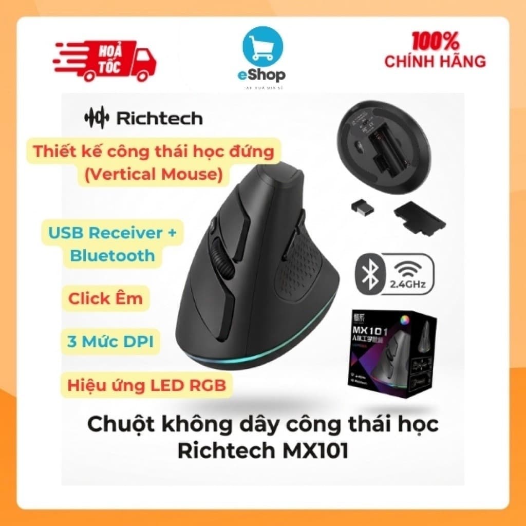 Chuột Không Dây Bluetooth + Usb Receive 2.4 Công Thái Học RICHTECH - MX101, 3 Mức DPI, Êm, Led RGB