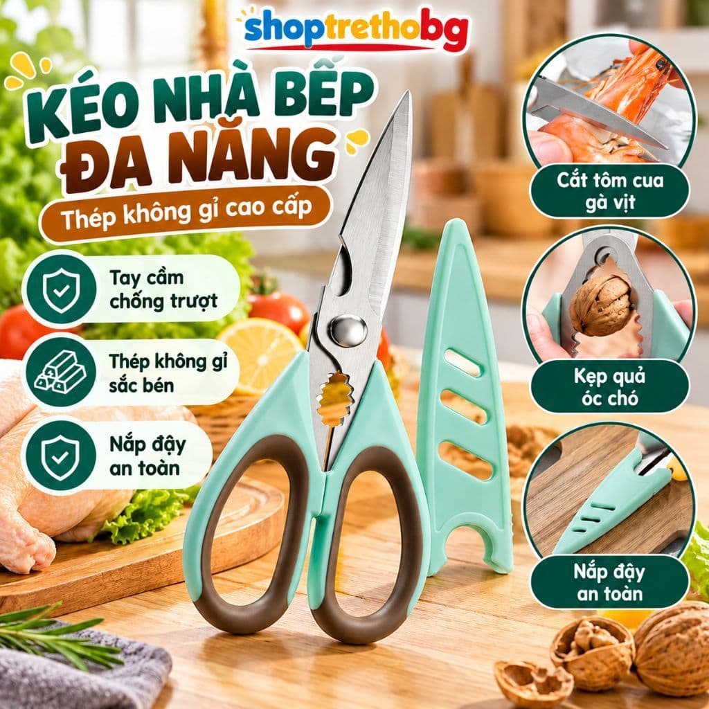Kéo Nhà Bếp Đa Năng Cao Cấp Thép Không Gỉ, Kéo Cắt Tôm Cua Gà Vịt, Kẹp Quả Óc Chó, Tay Cầm Chống Trượt Nắp Đậy An Toàn