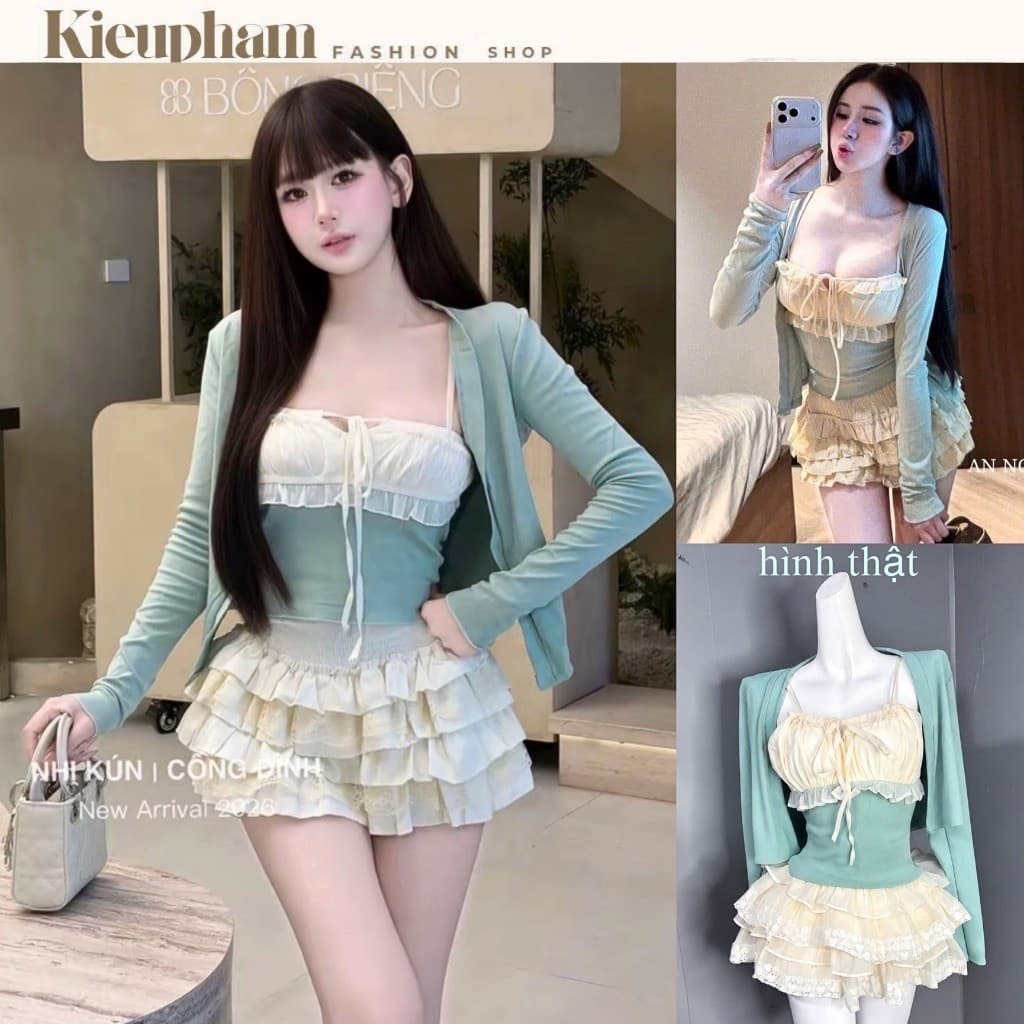 (Kèm Khoác) Set Áo Dây Len Tăm Rút Dây Phối Chân Váy Ren Tầng Xanh Bạc Hà Hot Kieupham.shop
