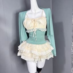 (Kèm Khoác) Set Áo Dây Len Tăm Rút Dây Phối Chân Váy Ren Tầng Xanh Bạc Hà Hot Kieupham.shop 6