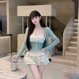 (Kèm Khoác) Set Áo Dây Len Tăm Rút Dây Phối Chân Váy Ren Tầng Xanh Bạc Hà Hot Kieupham.shop 3
