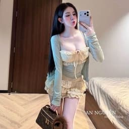 (Kèm Khoác) Set Áo Dây Len Tăm Rút Dây Phối Chân Váy Ren Tầng Xanh Bạc Hà Hot Kieupham.shop 5