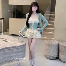 (Kèm Khoác) Set Áo Dây Len Tăm Rút Dây Phối Chân Váy Ren Tầng Xanh Bạc Hà Hot Kieupham.shop 2
