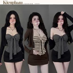 Set 3 Món Áo Quây Kẻ Sọc Cột Nơ Phối Áo Khoác Cardigan Kèm Chân Váy Ôm Sexy Kieupham.shop 1