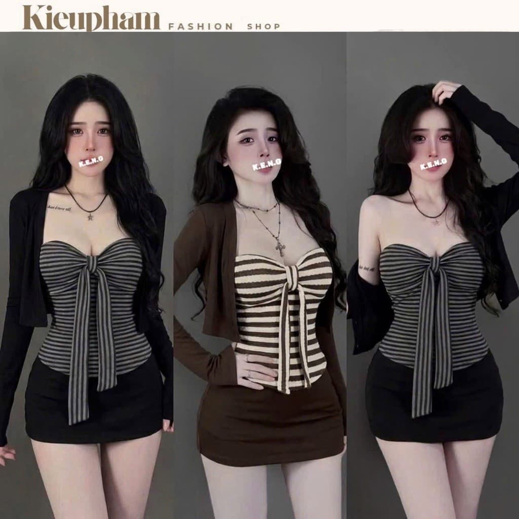 Set 3 Món Áo Quây Kẻ Sọc Cột Nơ Phối Áo Khoác Cardigan Kèm Chân Váy Ôm Sexy Kieupham.shop