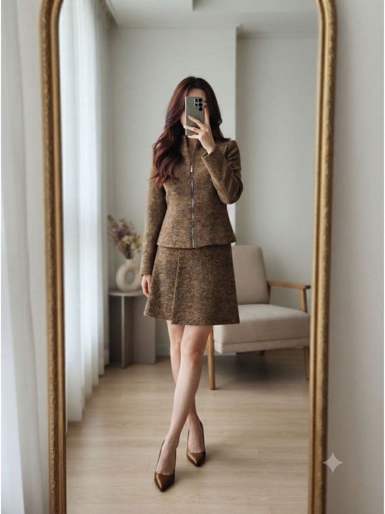 [2hand] Set áo dạ + chân váy nâu vàng muối tiêu nỉ gân size XS S
