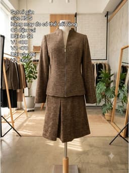 [2hand] Set áo dạ + chân váy nâu vàng muối tiêu nỉ gân size XS S 2