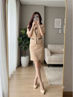 [2hand] Set áo blazer cúc cài + chân váy nâu be/ xanh ngọc size S 2