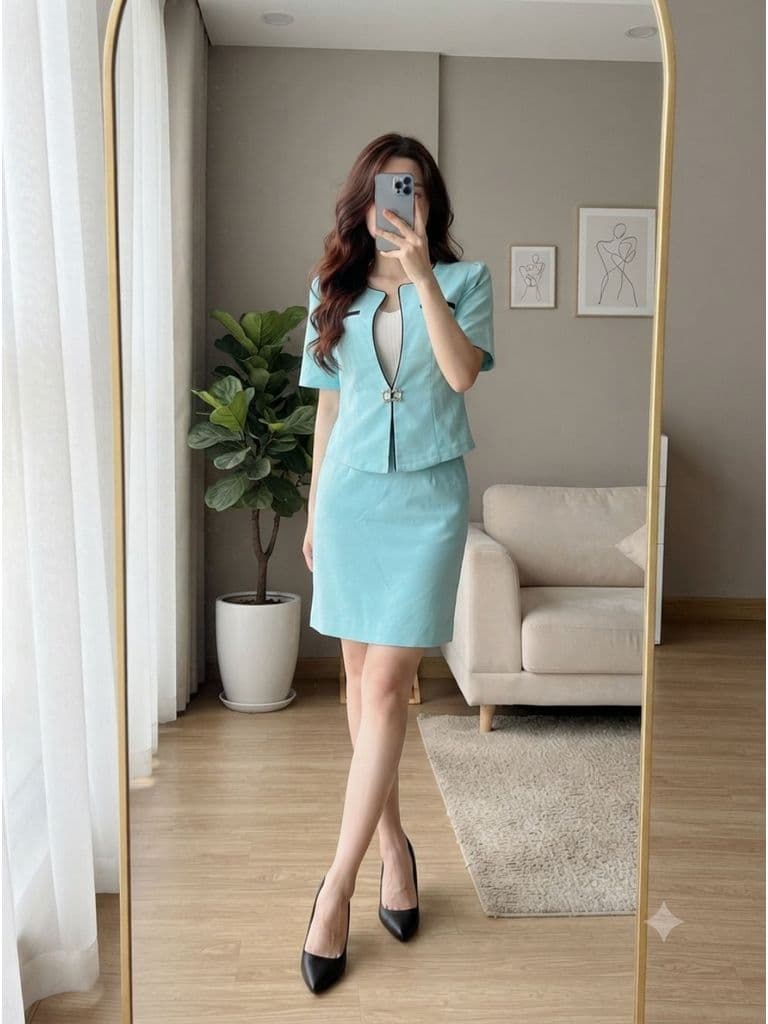 [2hand] Set áo blazer cúc cài + chân váy nâu be/ xanh ngọc size S