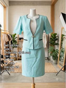 [2hand] Set áo blazer cúc cài + chân váy nâu be/ xanh ngọc size S 3