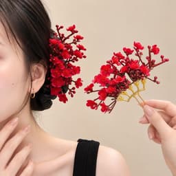 Trâm Cài Tóc Hoa Đỏ Dáng Cành Phong Cách Cổ Trang, Phụ Kiện Tóc Búi Mặc Áo Dài Tết CEM Xinh 1