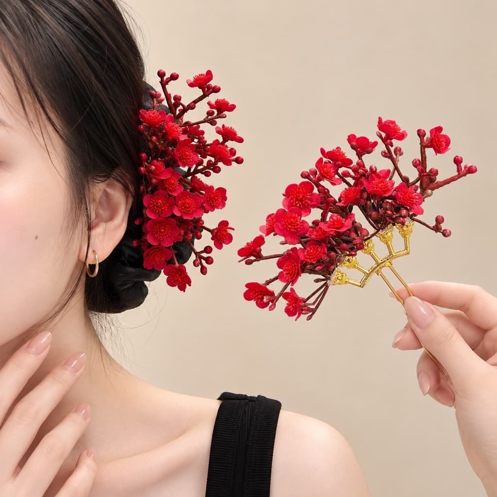 Trâm Cài Tóc Hoa Đỏ Dáng Cành Phong Cách Cổ Trang, Phụ Kiện Tóc Búi Mặc Áo Dài Tết CEM Xinh