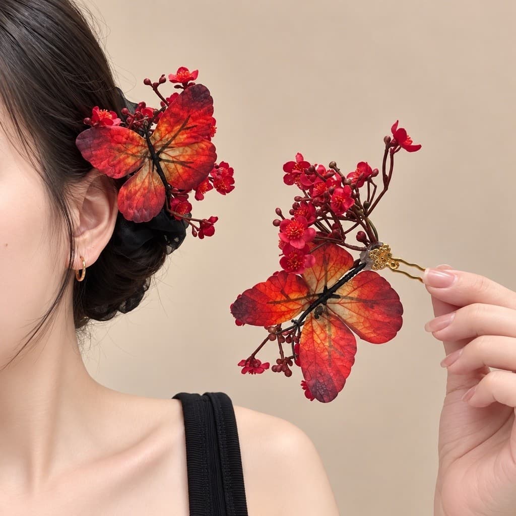 Trâm Cài Tóc Bướm Hoa Đỏ Phong Cách Cổ Trang, Phụ Kiện Tóc Búi Diện Áo Dài Tết CEM Xinh
