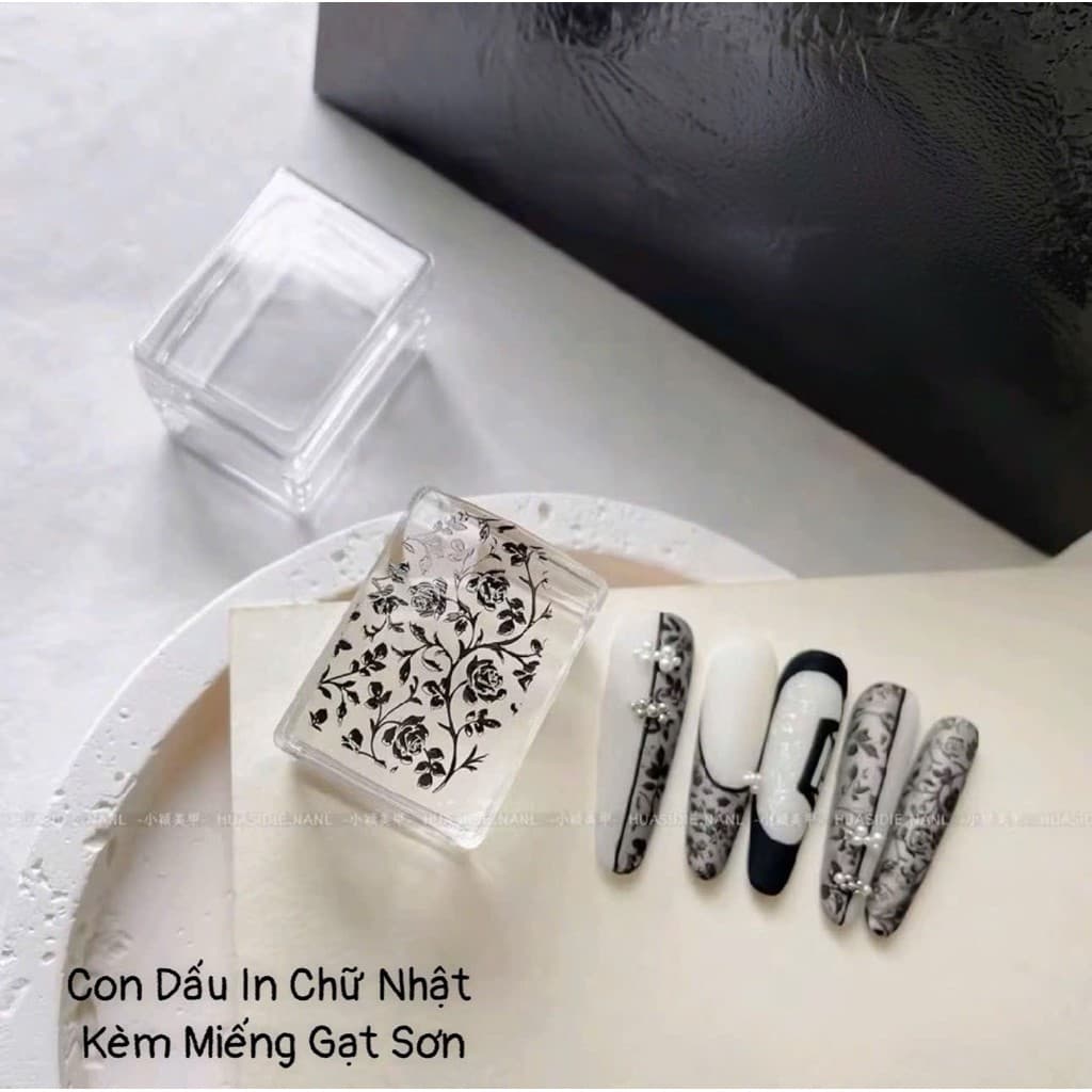 Con Dấu In Chữ Nhật Kèm Miếng Gạt Sơn Sử Dụng Làm Nail Chuyên Nghiệp - Hoangquy.233