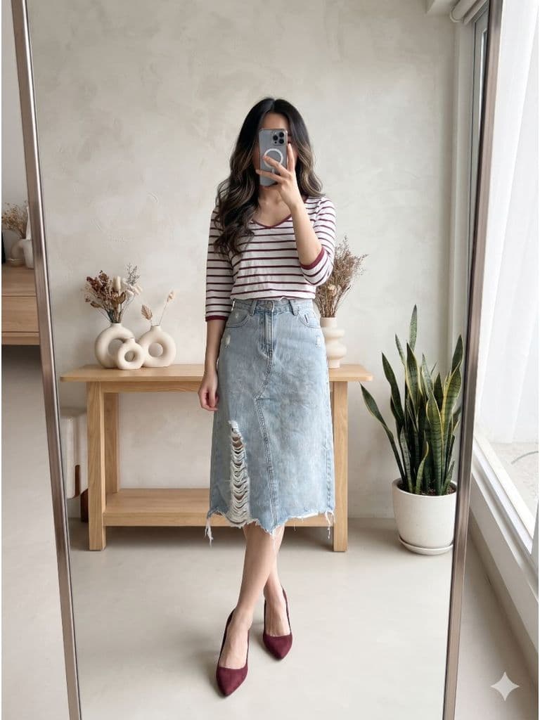 [2hand] Áo thun tay lỡ thu đông kẻ ngang cổ tim size S M