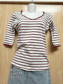 [2hand] Áo thun tay lỡ thu đông kẻ ngang cổ tim size S M 2